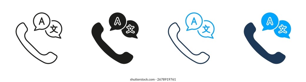 Linha De Serviço De Tradução Telefônica E Conjunto De Ícones Sólidos. Coleção De Símbolos De Comunicação E Interpretação Linguística Multilingual. Suporte à linguagem telefônica. Ilustração de vetor isolada.