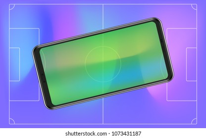 Phone with transparent screen. Violet soccer field on the background
