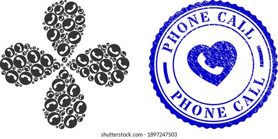 Phone twirl bang, and blue round PHONE CALL rough badge with icon inside. Element flower with 4 petals combined from oriented phone items. Vector flower collage in flat style.