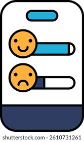A phone with two faces on it, one with a frown and the other with a smile. The phone is showing a slider that is currently at the bottom