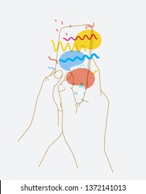 Phone in two hand messenger with friends drawing thin lines on white background