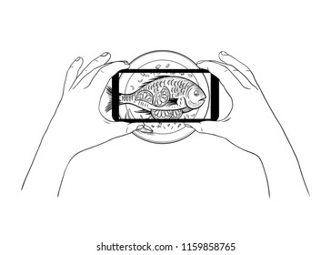 The phone in two hands makes a photo of the fish on the plate. Photo of food. Black and white vector illustration. Sketch style.
