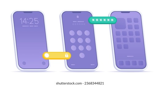 Phone UI unlocking. Isometric vector Set of lock, password and unlock screens with gradient wallpaper. Lock screen smartphone interface with Buttons Slide to Unlock and Hiden Password. Safety concept