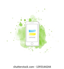 Phone and ukrainian flag  icon with white background. Flag of Ukraine on cellphone display