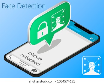 phone  is unlocked using face identification vector, concept of smartphone security, personal access, user authorization, login, protection technology.