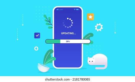 Phone Update - Smartphone With Load Bar And Loading Wheel. System Updating Concept, Vector Illustration