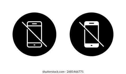 Phone use not allowed icon. No smartphone symbol in black circle. Mobile device prohibited sign for quiet area, meeting room, or exam zone