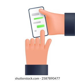 Phone in the user hand. Message bubbles template for creating dialogues on white background. Text template bubbles. Mockup Web messenger interface. 