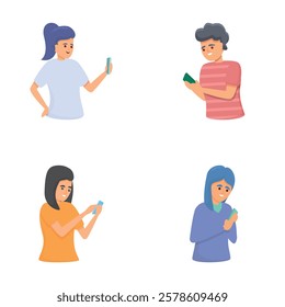 Phone user icons set cartoon vector. Young people looking at smartphone. Smartphone addiction