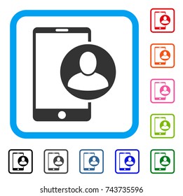 Phone User Profile icon. Flat gray iconic symbol in a blue rounded rectangular frame. Black, gray, green, blue, red, orange color versions of Phone User Profile vector.