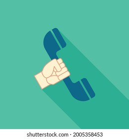 Phone vector design, flat illustration design of hand holding phone, Phone icon suitable used for application, website, application, business, and etc, Phone icon with green background and long shadow