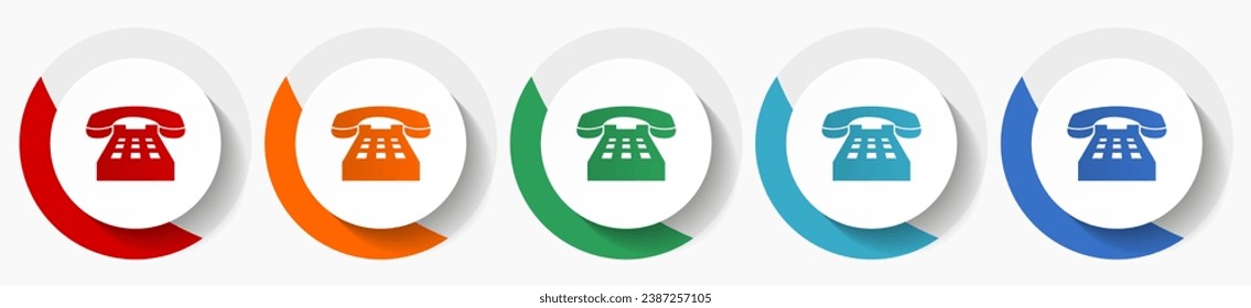 Phone vector icon set, flat design colorful round icons in 5 color options for webdesign and mobile applications