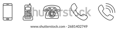 Phone vector icon set. Modern smartphone, cordless phone, rotary dial telephone, and handset line art symbols for communication design.