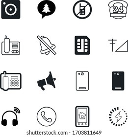 phone vector icon set such as: building, generation, stop, customer, assistance, allowed, film, electric, noise, long, megaphone, device, earphone, music, refrain, announcement, voice, photography