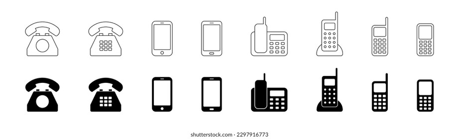 Telefonvektorsymbol-Set. Telefon, Telefon, Smartphone. Kontaktzeichenkollektion