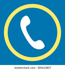 Phone vector icon. This rounded flat symbol is drawn with yellow and white colors on a blue background.