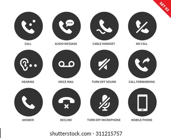 Phone vector icons set. Information technology and call centre concept. Items for apps, call, message, forwarding call, answering, hearing. Isolated on white background