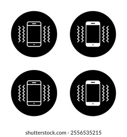 Phone vibration icon on black circle. Vibrate mode sign symbol