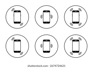 Phone vibration icon set in circular outline. Smartphone ringing and shake symbol