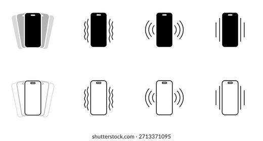 Phone Vibration Icon Set mit Bewegungssymbolen für Mobilgeräte in Schwarz und Umrissformen, ideal für UI, UX, App-Schnittstellen, Benachrichtigungen und Gerätestatusanzeigen