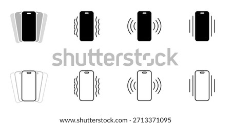 Phone vibration icon set featuring mobile device motion symbols in solid black and outline styles, ideal for UI, UX, app interfaces, notifications, and device status indicators