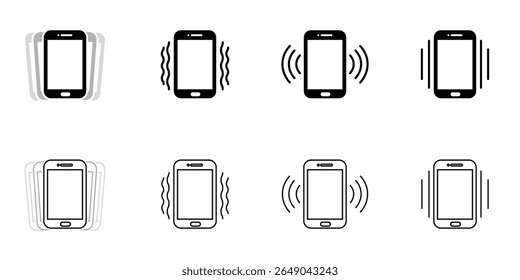 Ícone de vibração do telefone definido em estilos de linha e preenchidos mostrando alertas de dispositivo móvel sinais de notificação tocando padrões de vibração modo silencioso e indicadores de status de interface