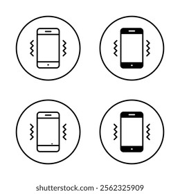Phone vibration icon set on circle line. Cellphone vibrate sign symbol