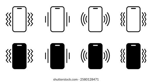 Phone vibration icon set, ringtone symbols, phone vibration signs in solid and line style