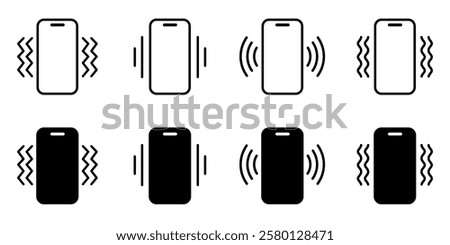 Phone vibration icon set, ringtone symbols, phone vibration signs in solid and line style