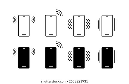 Iconos del conjunto de vibración del teléfono. Silueta y estilo lineal. Iconos del vector.