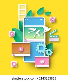 Phone video application vector. Mobile movie watching online with smartphone illustration. Media player for live streaming content, record film and playback multimedia file