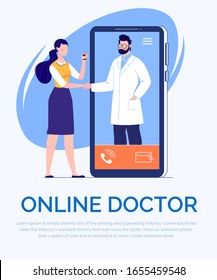 Phone video call to the doctor through the application on the smartphone. Information poster about online medical services. Doctor. Online medical consultation concept.