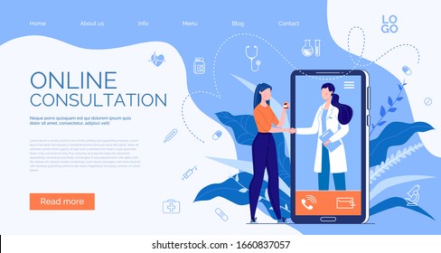  Phone Video Call to the Doctor Through the Application on the Smartphone. Information Poster about Online Medical Services.  Doctor. Online Medical Consultation Concept, Medical Support.