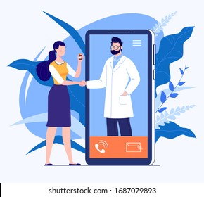 Phone Video Call To The Doctor Through The Application On The Smartphone Online Medical Advice Concept