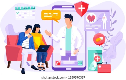 Phone video call to the doctor through the application on the smartphone. Patients for an online consultation. People are communicating with a therapist. Couple with laptop is watching a movie