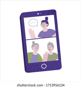  Phone video chat  with couple of seniors on screen. Online video call to aged parents or elderly grandparents. Family love, relationship, support, communication on distance. Vector illustration.