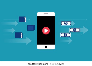 Phone with video content inserting card, dollars coming out on blue background. Make money from viral creative clip to your business concept. Eps 10 Vector illustration, Minimalist flat style modern.