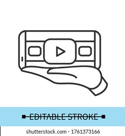 Phone video icon. Watching video content on smartphone screen. Media player app for online stream, vlog watch and webinar. Mobile phone multimedia technology. Vector illustration