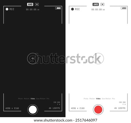 Phone video and photo camera vertical overlay. 16:9 template. Full hd or 4k format for smart phone. Camera frame vector template. Black lines and text on white, and white lines on black background.