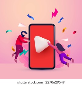 Teléfono con reproductor de video y gente pequeña volando por ahí. Concepto de streaming de vídeo y vlog. Ilustración vectorial para el diseño de sitios web y banners