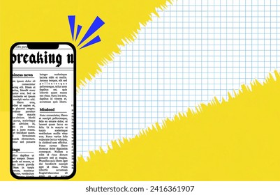 

Phone with vintage newspaper. Torn yellow paper with texture and checkered sheet. template for collage designs. Trendy retro style. 