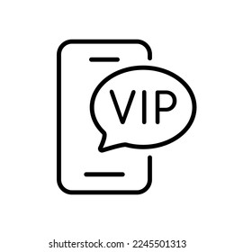 Phone with Vip text set icon. Badge, plate, person, list of privileges, gift, box, website, all rights, star, email, review, advertisement. VIP person concept. Vector line icon on white background