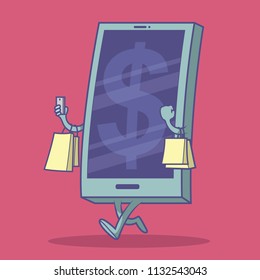 Phone walking with shopping bags and a money icon on the screen vector illustration. E-commerce, online shopping, credit card, retail, money design concept