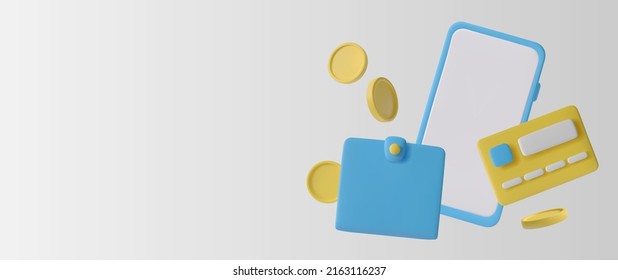 A phone with a wallet and 3D coins. The concept of payment in a trendy style. Vector illustration
