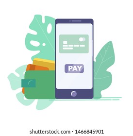 Phone and wallet flat vector illustration. Online shopping.