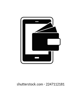 Phone wallet icon in black flat glyph, filled style isolated on white background