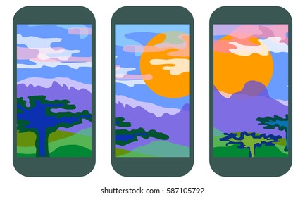 Phone wallpaper design. Set of panoramic landscape patters for mobile smart phones. Savanna with mountains, sun and cloudy sky.
