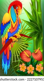 Phone wallpaper illustration background with a colorful parrot on a branch in the jungle