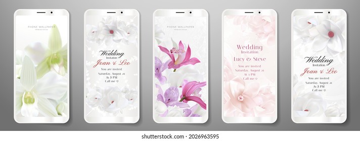 Phone wallpaper, invitation (Smartphone flower background). Digital graphic art design with floral pattern. Abstract vector backdrop for wedding invite online shop, web banner template, cute e-invite