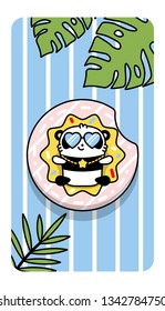 Phone Wallpapers, stories for social media. Little cute panda on summer vacation in the inflatable circle donut and glasses. Striped background. Kawaii bear